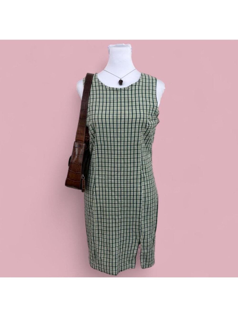 90s green plaid cottagecore mini dress